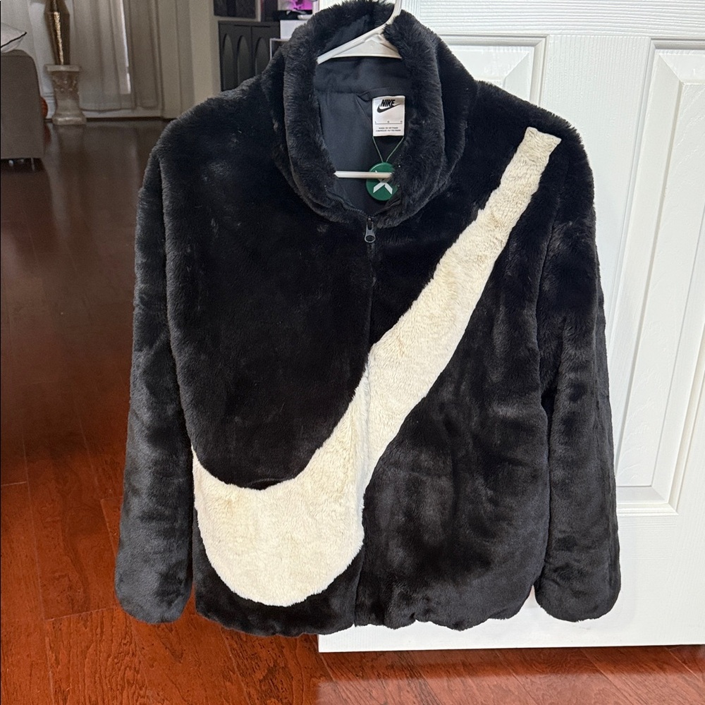 Nike Black Faux Fur Jacket with White Swoosh hard to let go